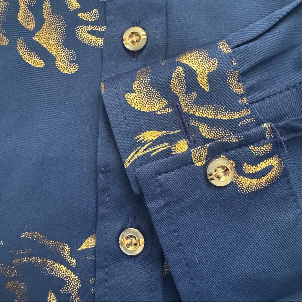 Zeroyaa Blue Gold Floral Print Long Sleeve Button‎ Up Shirt Men’s Small - Picture 5 of 8